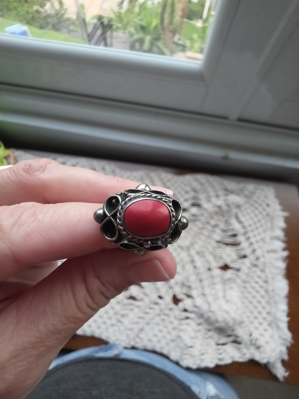 Sterling Silver Ring with Red Cabochon Stone